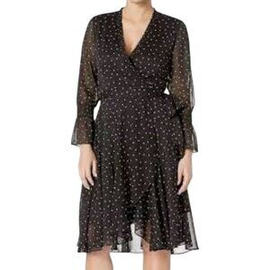 Tahari Polka Dot Ruffle Faux Wrap Dress Office Party Wedding Guest Black Size 10